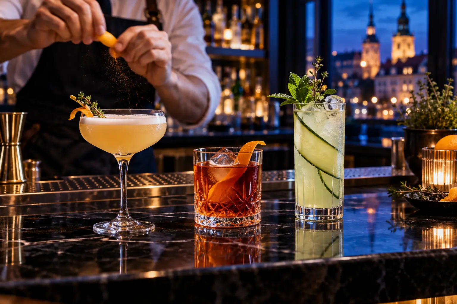 Autorskie koktajle alkoholowe i bezalkoholowe przy restauracyjnym barze